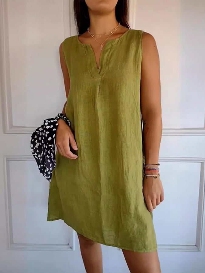 Women's V-Neck Sleeveless Solid Color Cotton And Linen Dress