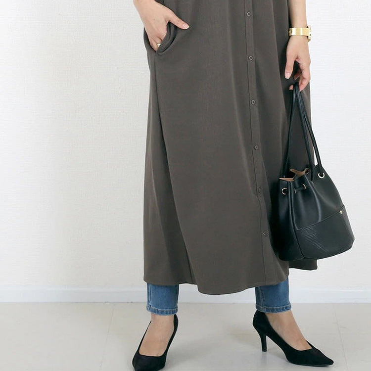 Autumn Winter Shirt Base Dress Women Solid Color Loose Casual V neck Maxi Dress