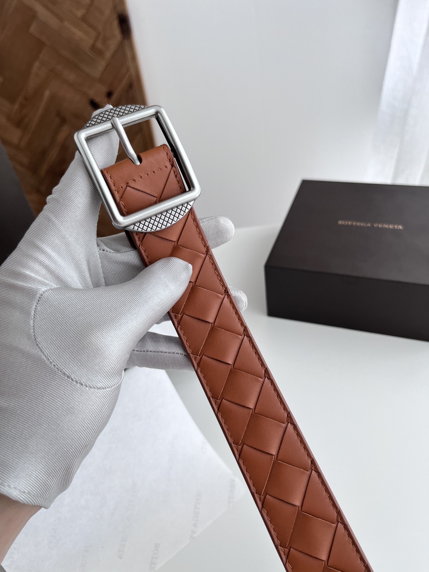 Bottega Veneta intreccio woven cowhide double-sided belt 3.5cm wide