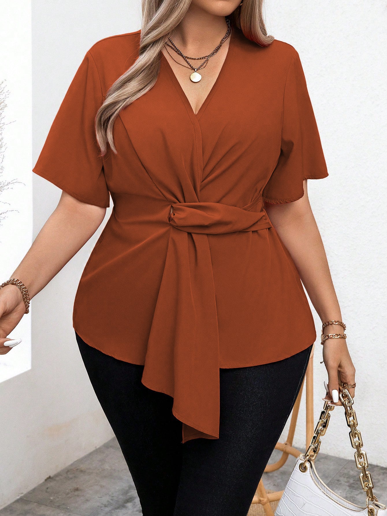 Plus Size Women V Neck Tight Waist T Shirt Summer Elegant Office High Grade Top Women