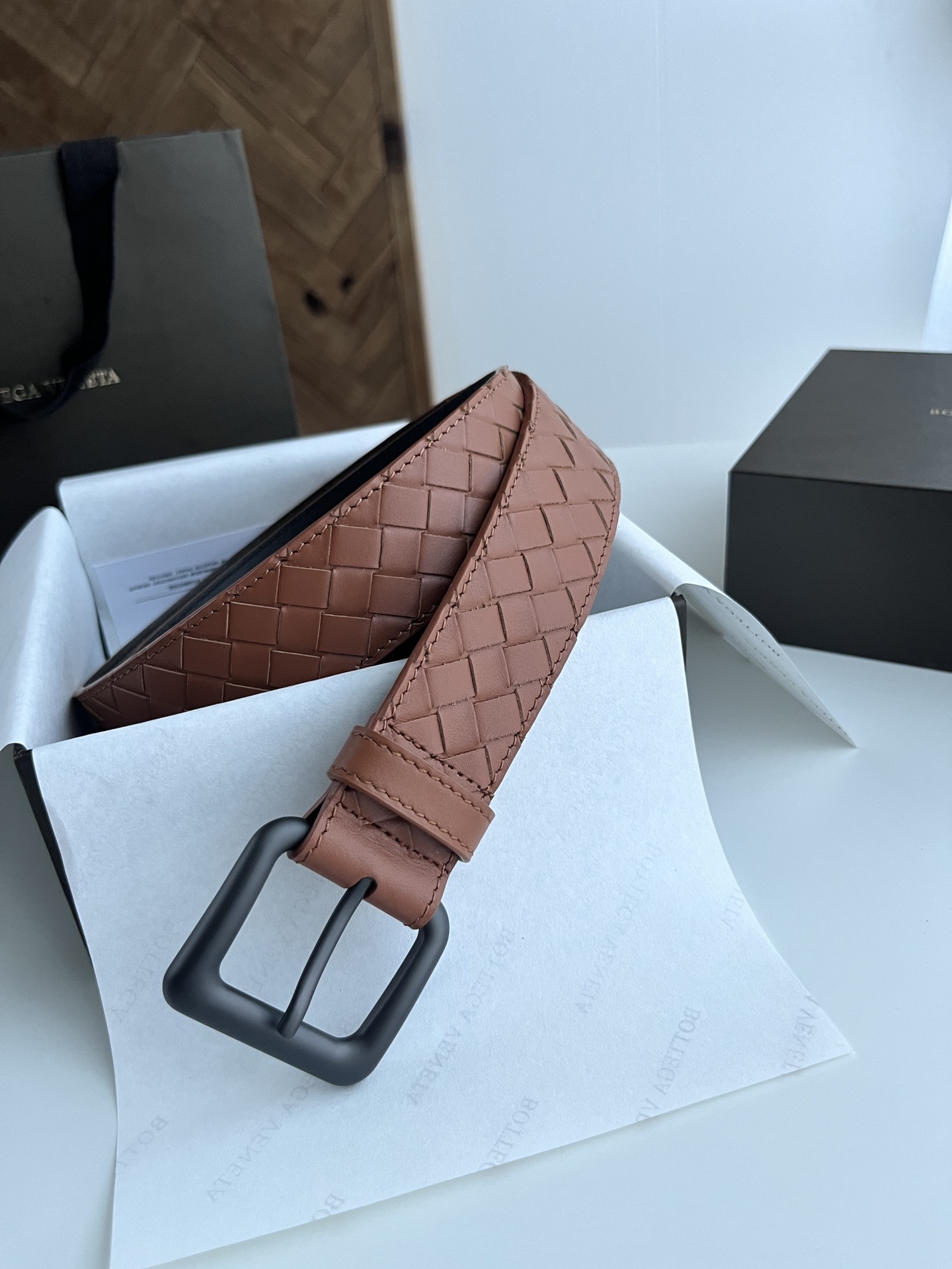 Bottega Veneta intreccio woven cowhide double-sided belt 3.5cm wide