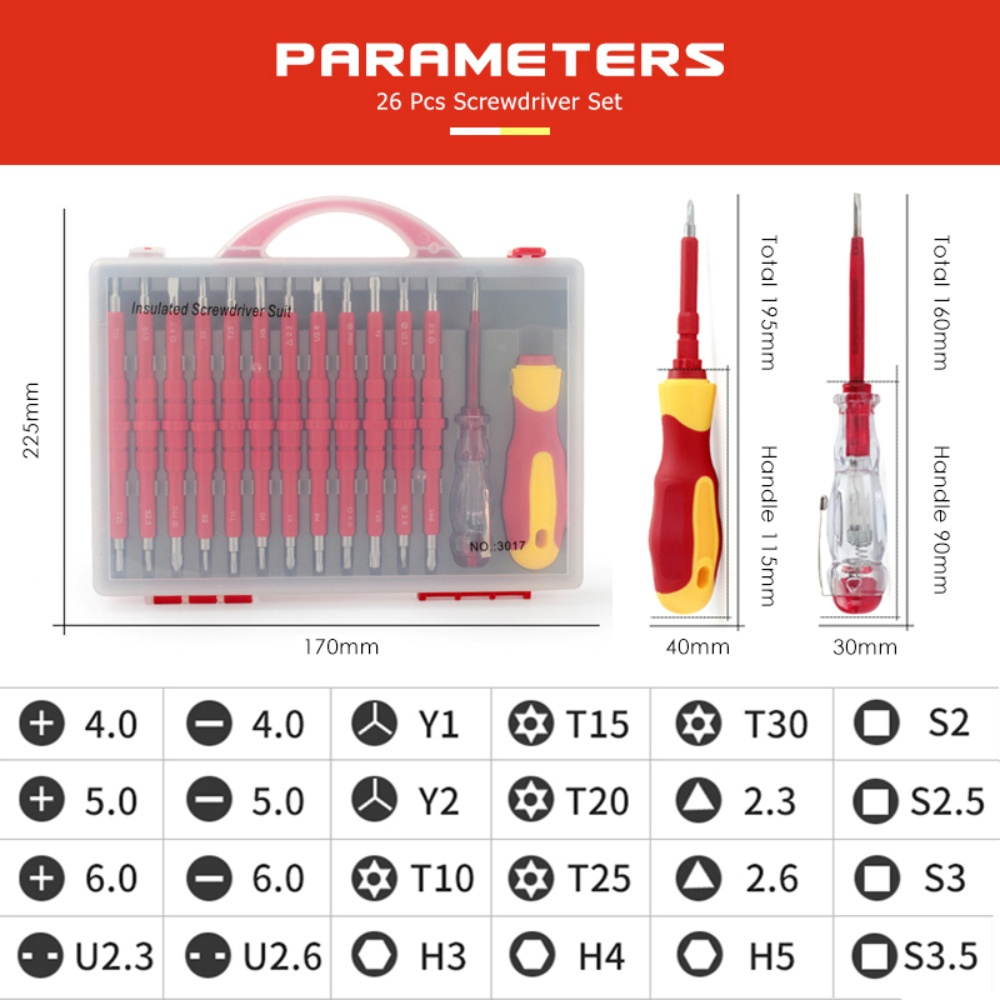 26 In 1 1000V Insulated Screwdriver Set For Electrician, Dual Head Precision Removable Magnetic Bits Slotted Torx Hex Square Screwdrivers