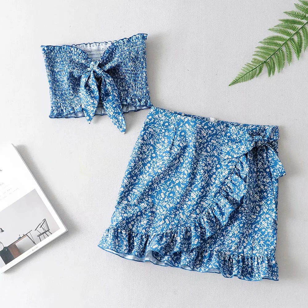 Navy Floral Bowknot Top and Skirt Sets