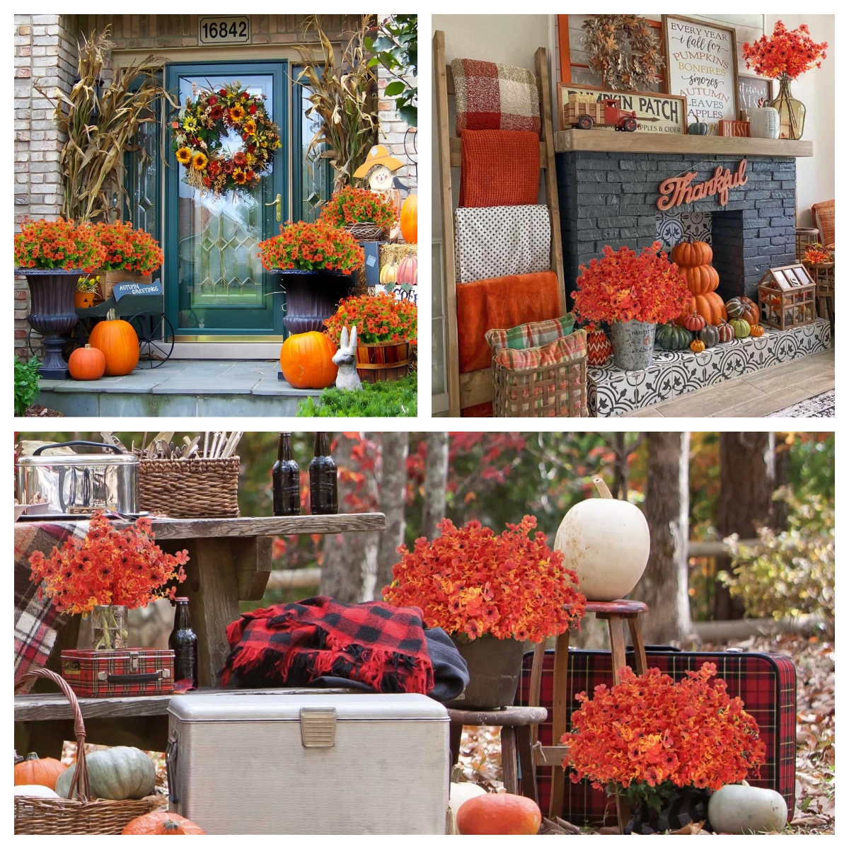 🍂1 Bundle/5 Pcs Artificial Autumn Mums - UV resistant, Waterproof ，Windproof🏡