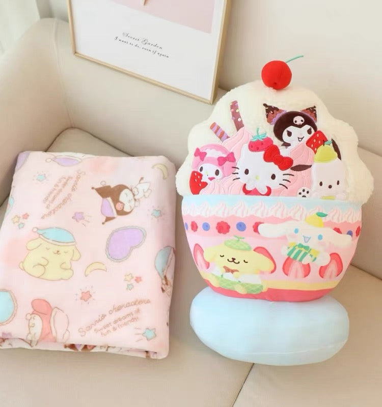 Sanrio Ice Cream Plush ｜Blanket and Pillow Set,2 in 1 Plush Stuffed Hugging Pillow Blanket for Kids Gift Travel Airplane Train Bed Office Nap