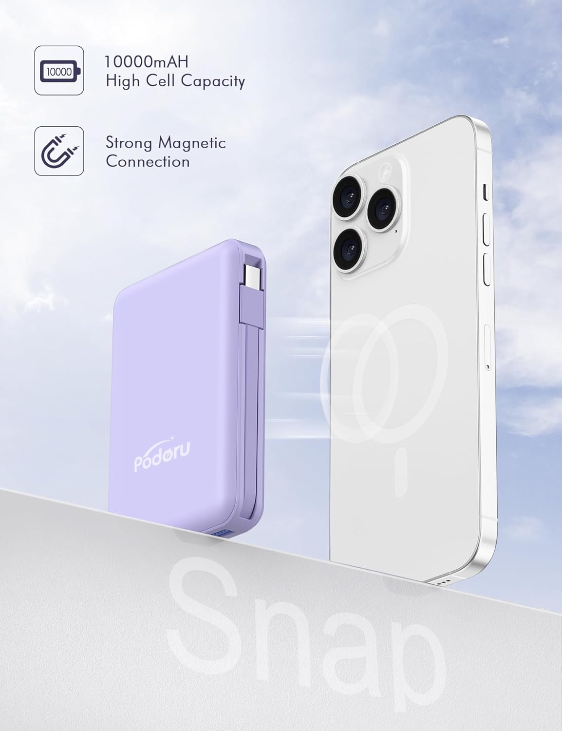 podoru Wireless Portable Charger, 10000mAh Magnetic Power Bank Built-in USB-C Lighting Cables 22.5W PD Fast Charging LED Display Mag-Safe Battery Pack for iPhone 15/14/13/12/Mini/Pro/Pro Max - White