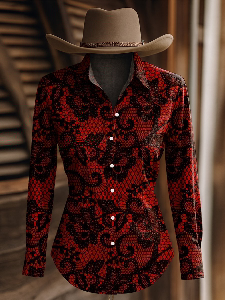 Women's Vintage Black and Pink Floral Print Western Long Sleeve Shirt