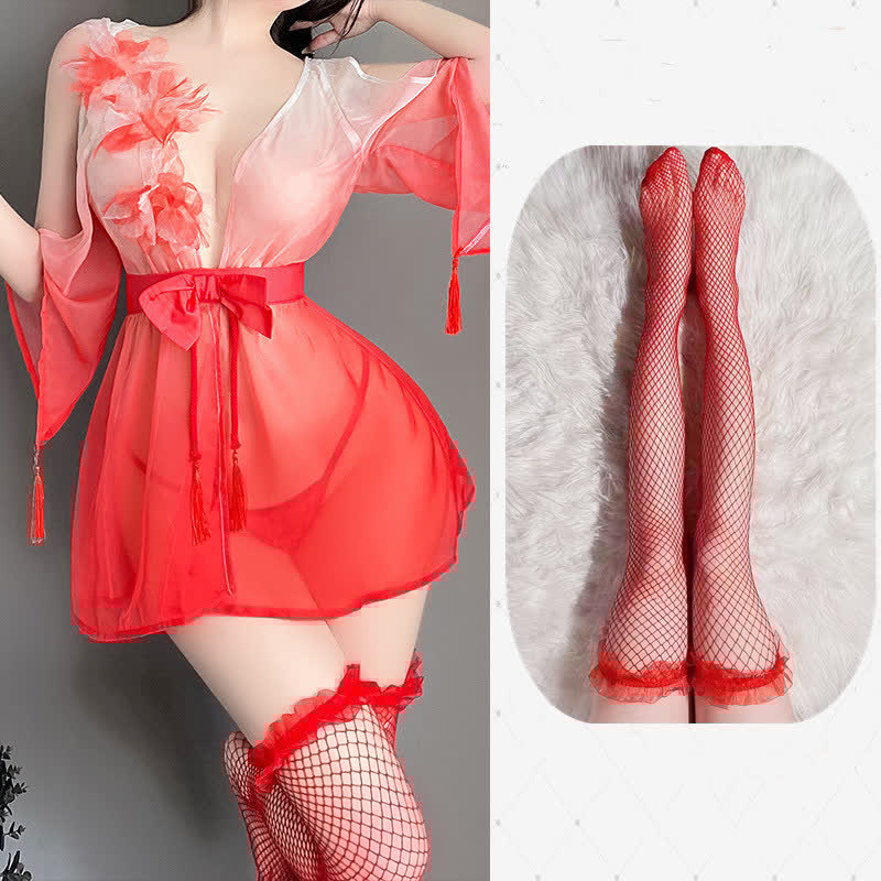 3D Flower Decor Colorblock Vintage Kimono Lingerie Set