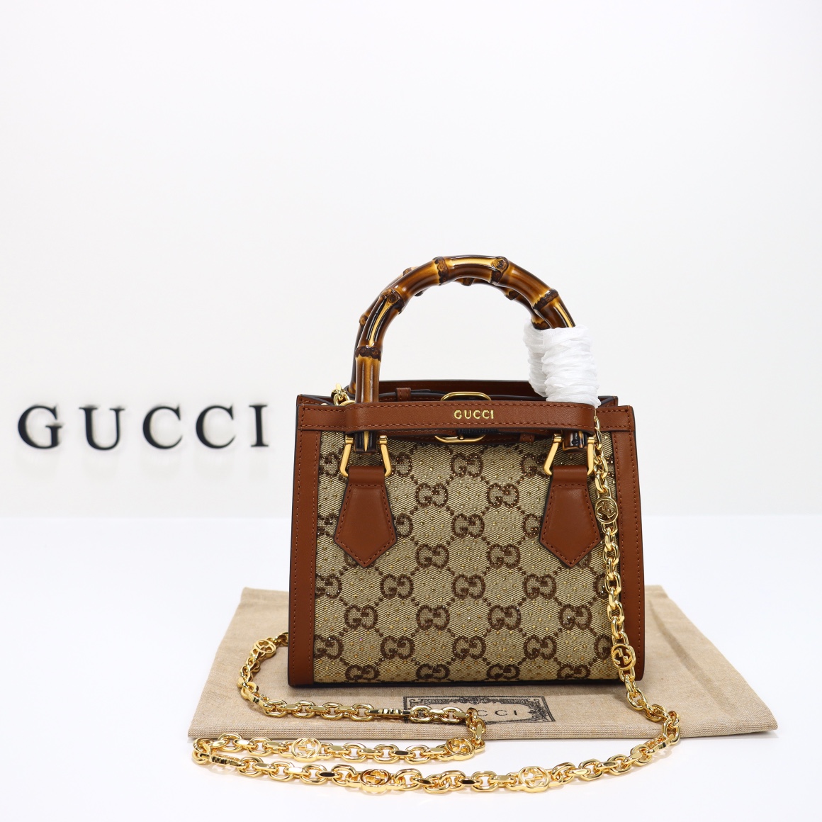 Gucci Diana series bamboo crystal small tote bag‎707449 21HRG 2687