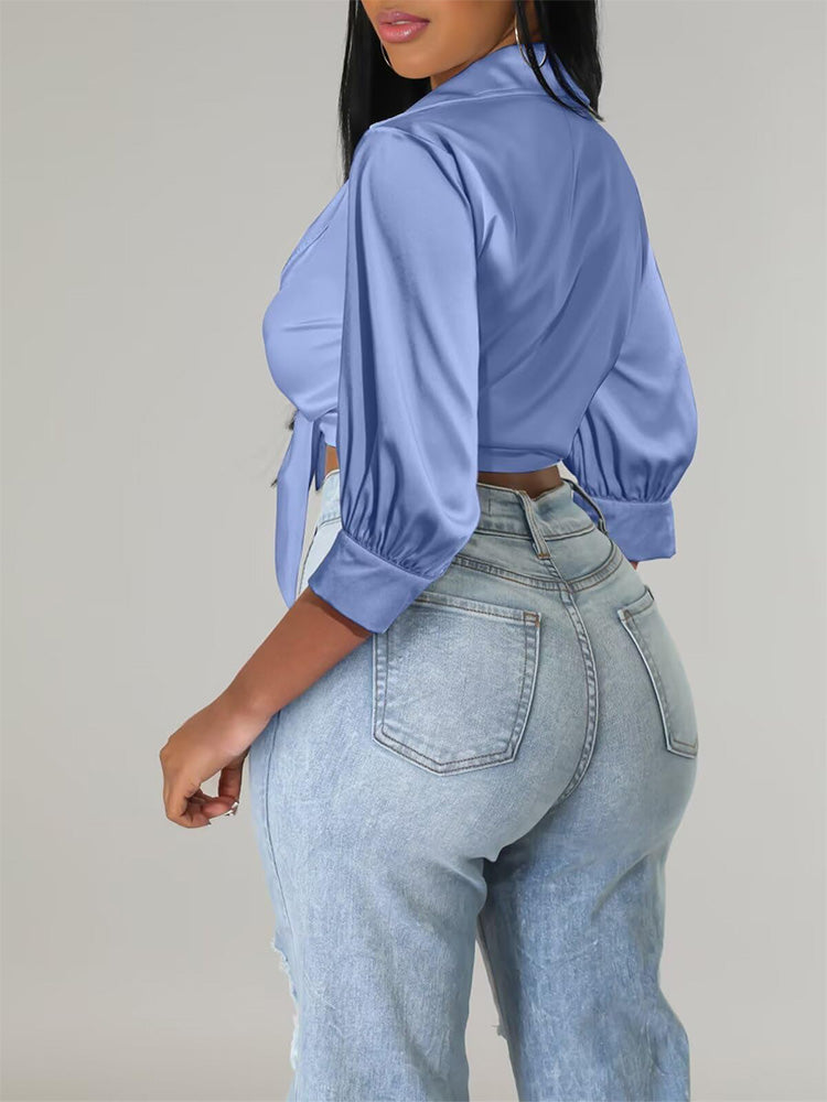 Satin Lapel Tie Front Top