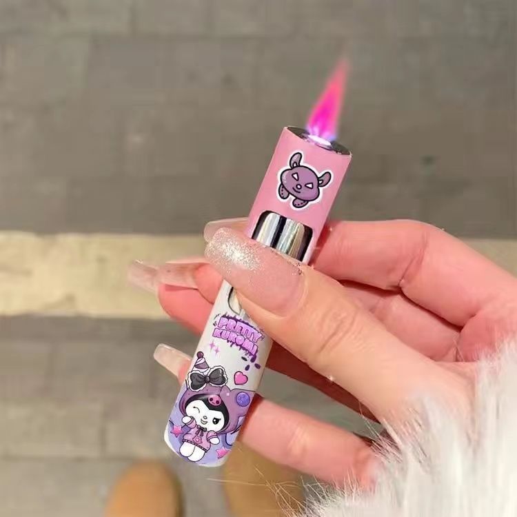 Compact Round Push Lighter Pink Flame