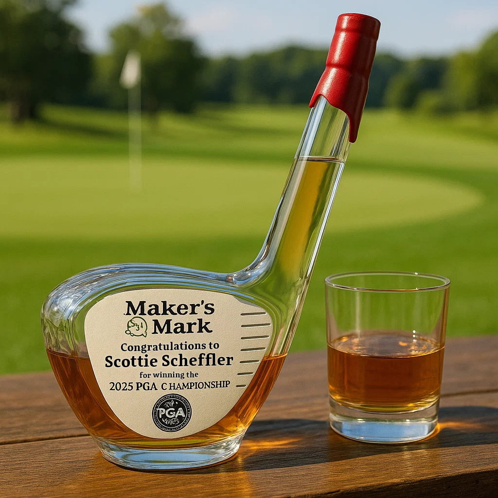 Golf club whiskey bottle commemorating Scottie Scheffler's win of the 2025 PGA Championship
