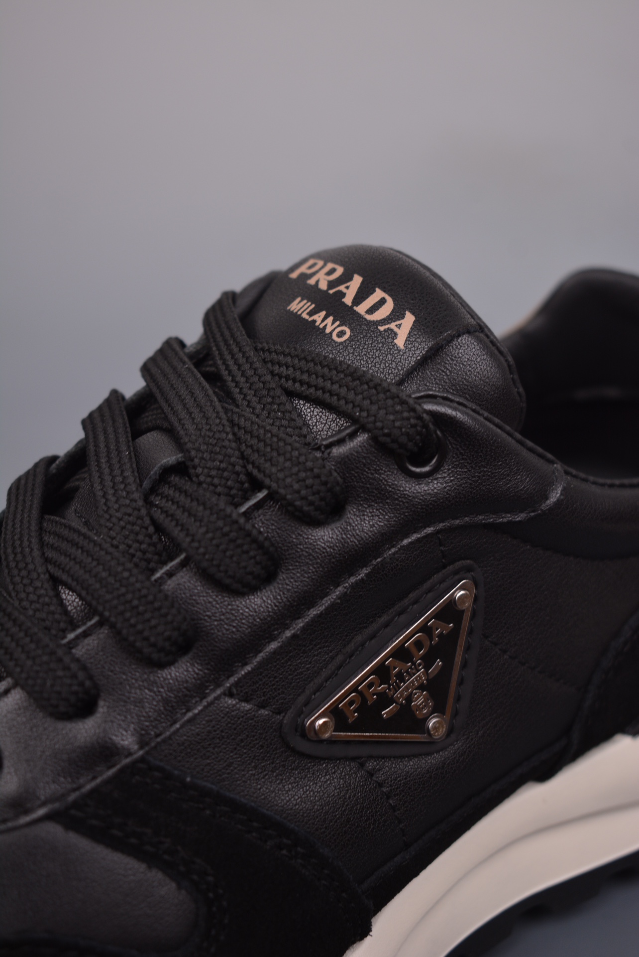 Prada PRAX 01 Triangle Logo Leather Sneakers Black White Brown 3D955M_3LF5_FG000