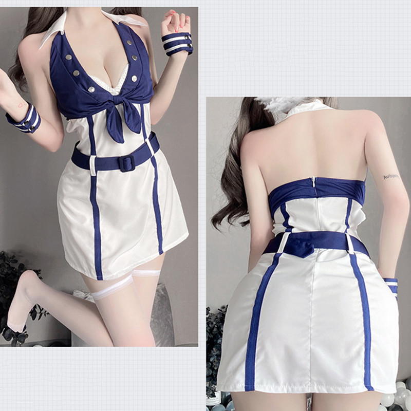 V-neck Colorblock Belted Lingerie Dress Stockings Set
