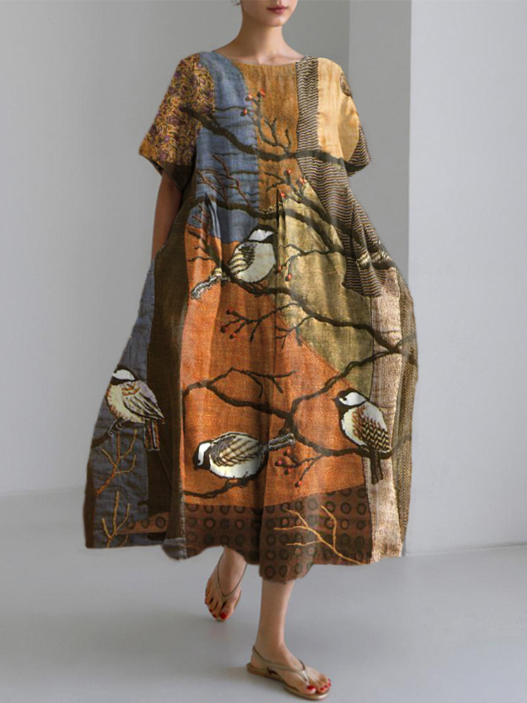 Women's Vintage Patchwork Bird Pattern Linen Blend Shirt