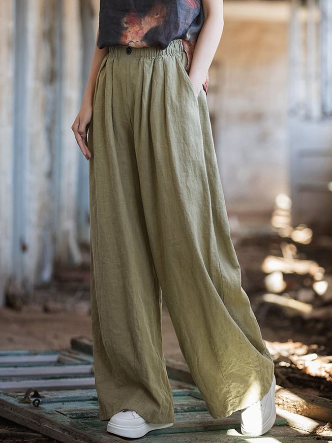 Women's Solid Color Loose Elastic Waist Casual Cotton And Linen Pants