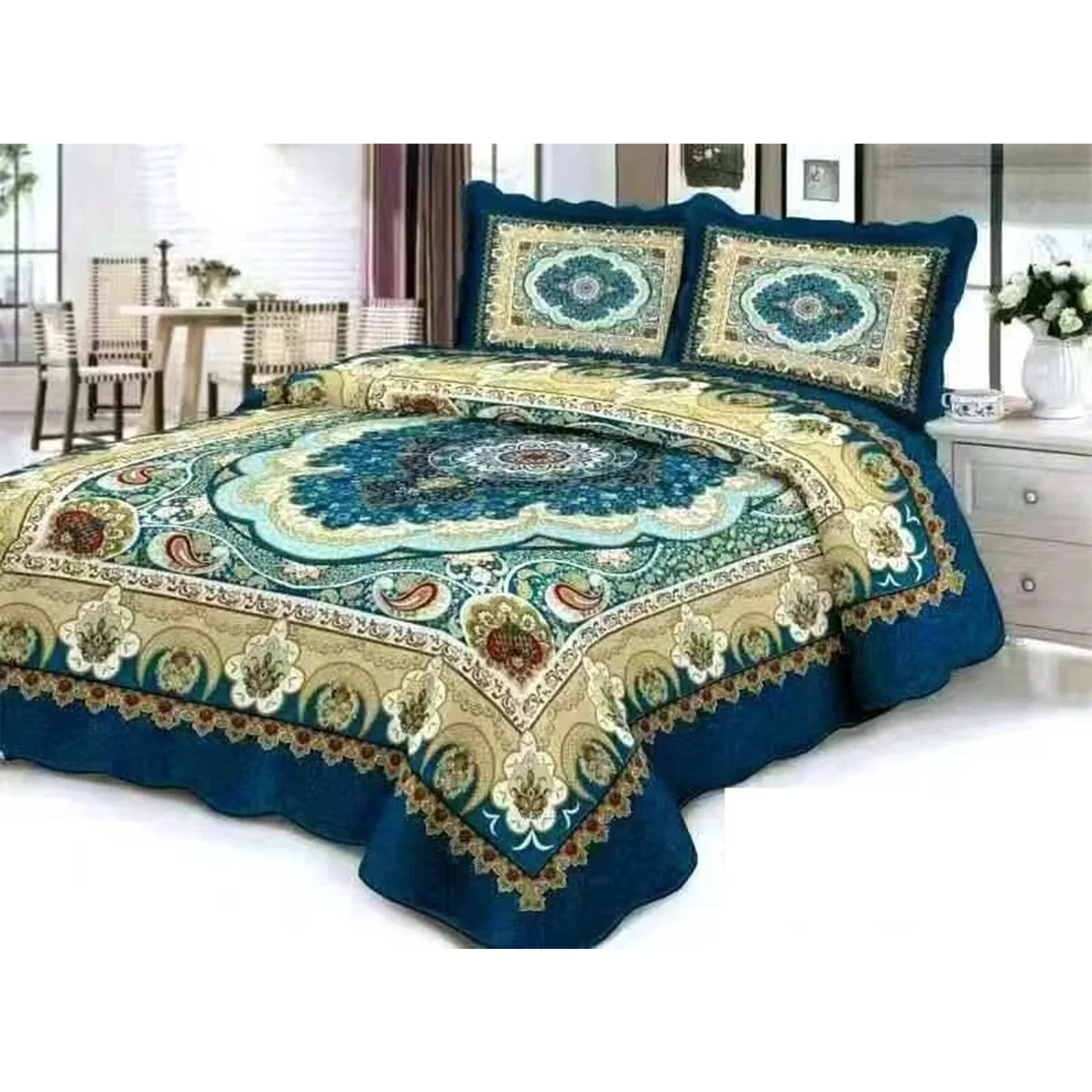 All For You 3 Piece Embroidered Floral Printed Quilt Set, Navy, Queen, 86x94 Inches