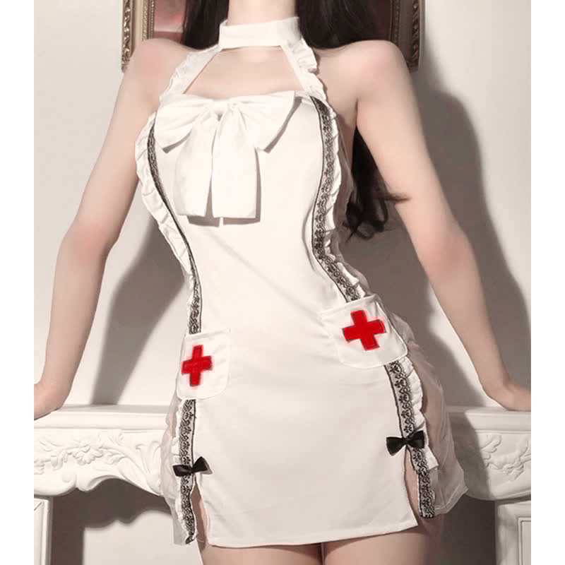 Cosplay Nurse Bow See Through Lingerie Dress With Stockings