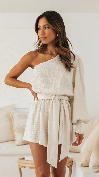 Beige One Shoulder Romper