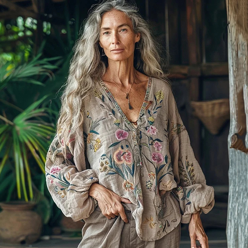 Bohemian Floral Linen Art Print Long Sleeve V-neck Shirt