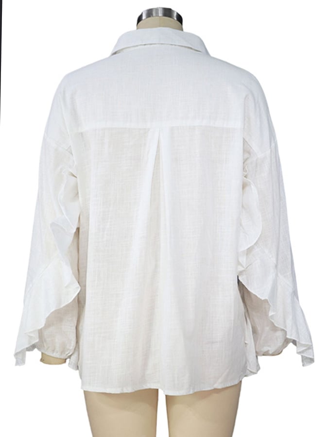 Women's Solid Color V-Neck Ruffled Sleeve Design Casual Cotton And Linen Shirt