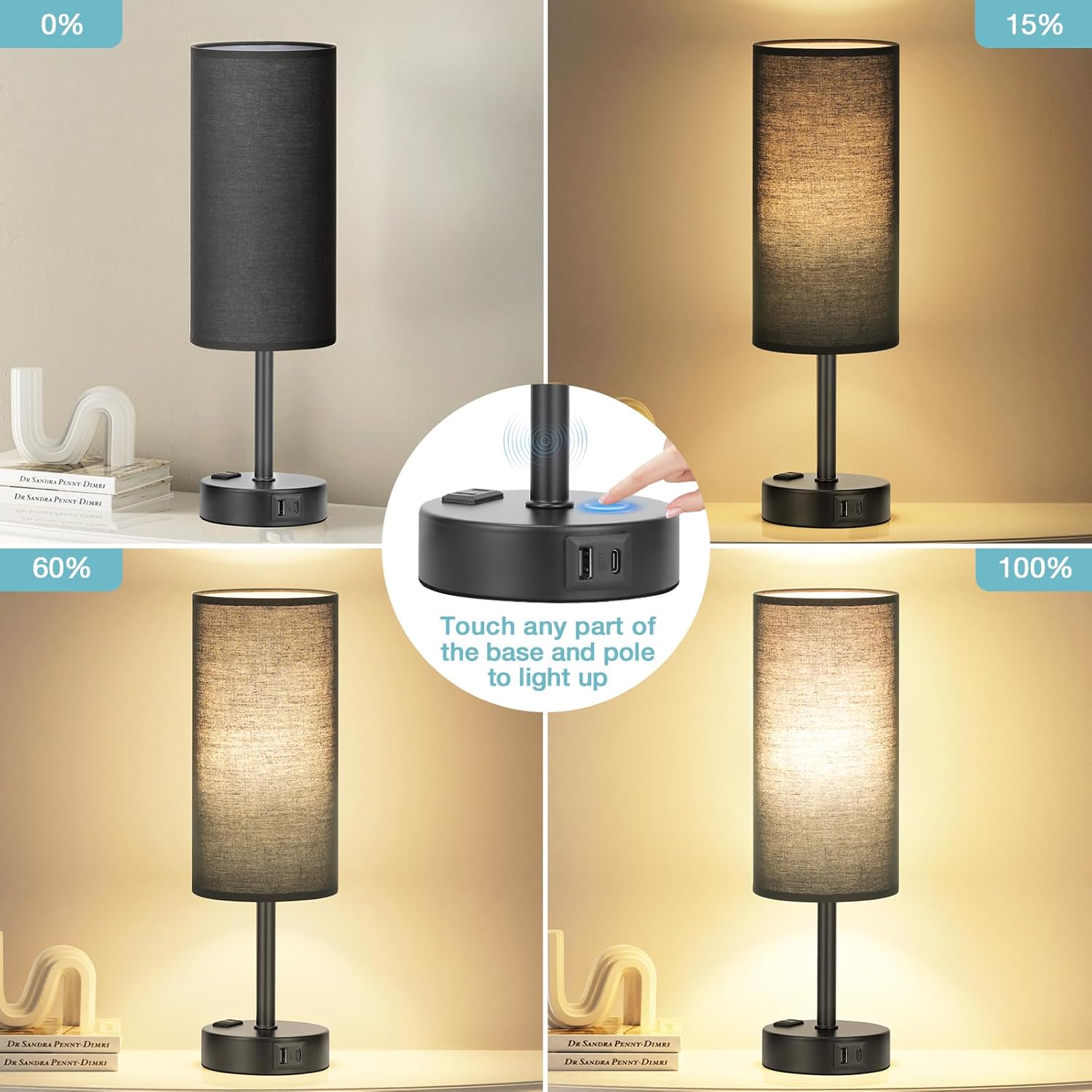 Bedside Table Lamp for Bedroom - 3 Way Dimmable Touch Lamp USB C Charging Ports and AC Outlet, Small Lamp Wood Base Round Flaxen Fabric Shade for Living Room, Desk, LED Bulb Included