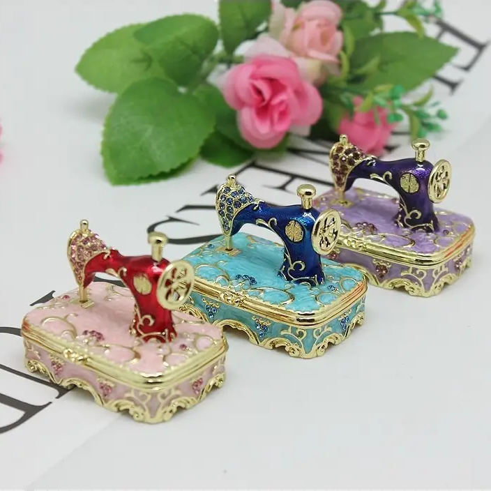 Handmade Enamel Rhinestone Sewing Machine Jewelry Box