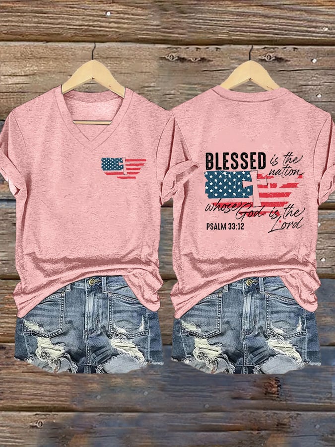 Women's Blessed is The Nation Whose God is The Lord  Print V-Neck T-Shirt