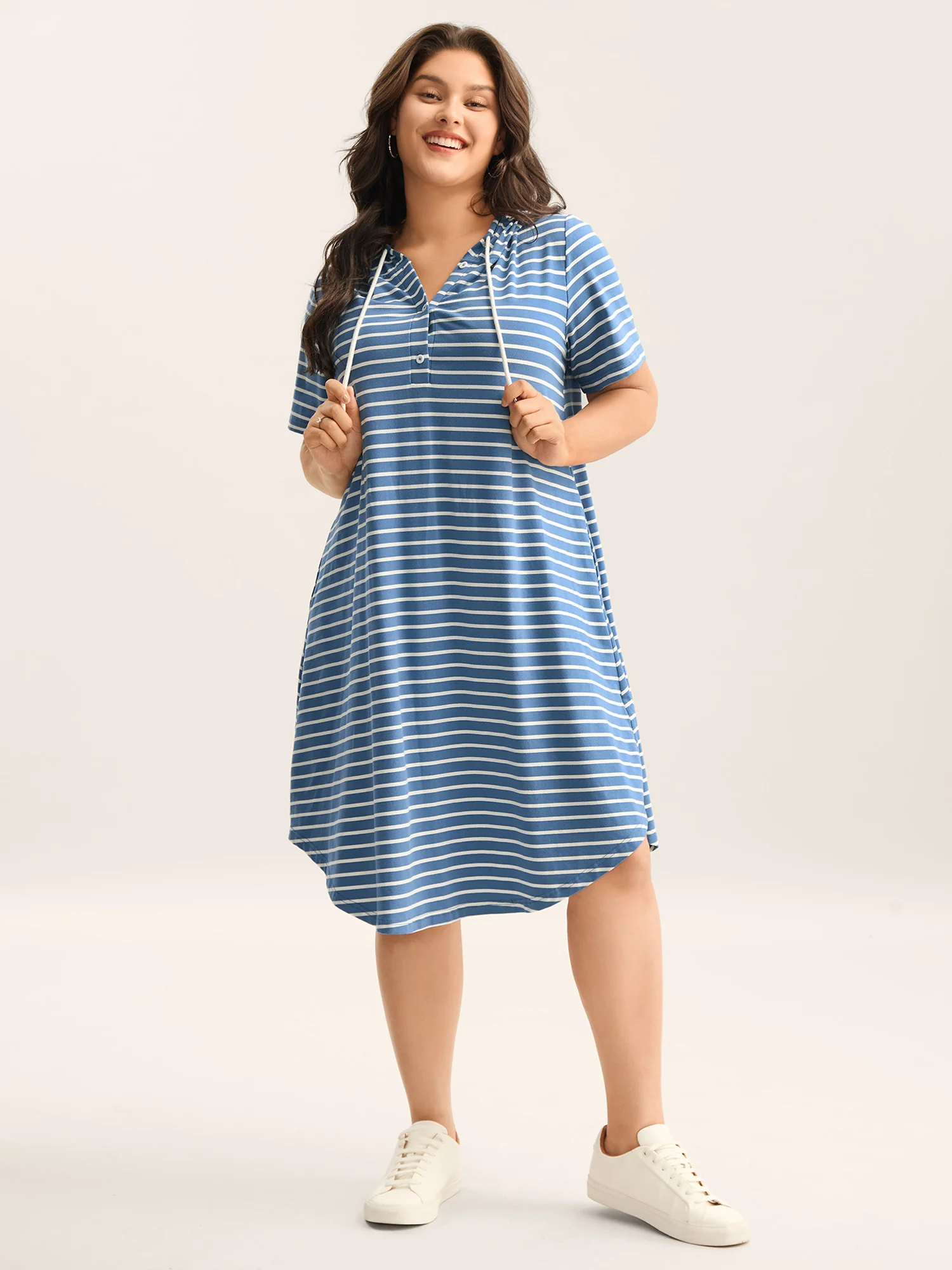 Stripe Print Curvy Hem Hooded Midi Dress