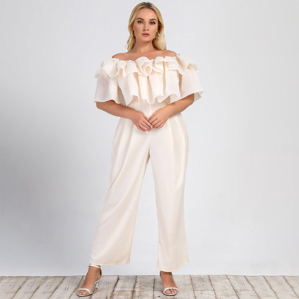 Plus Size Women Clothing Summer New Lotus Edge off-Shoulder Solid Straight-Leg Office Casual Pants Jumpsuit