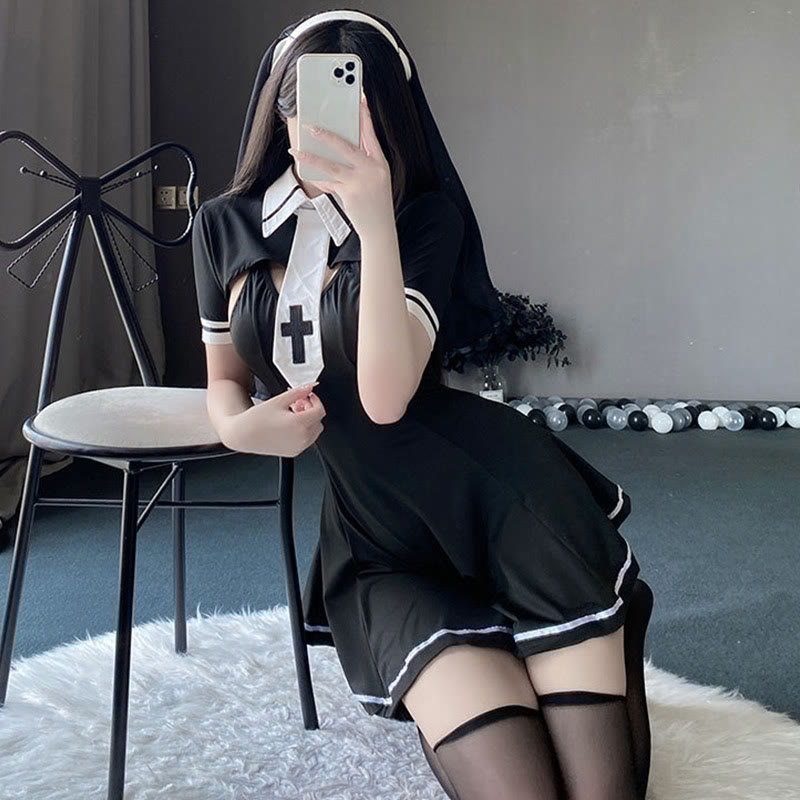 Nun Cross Backless Lingerie Dress Set