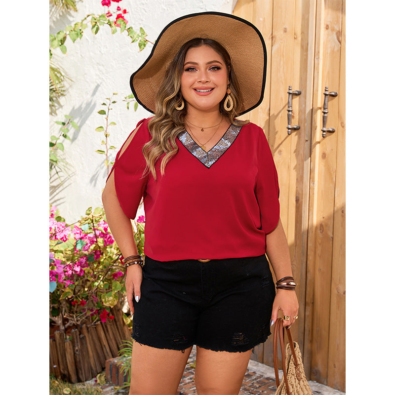 Plus Size Shirt Summer V neck Red Short Sleeve Top Loose Short Sleeve Shirt