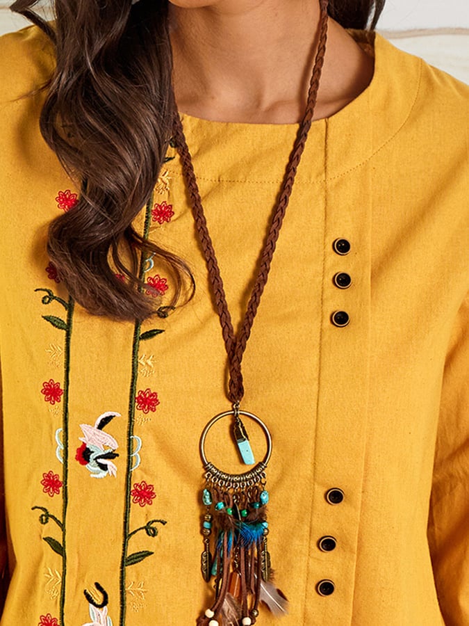 Women's Round Neck Button Up Design Retro Embroidered Long Sleeve Loose Casual Shirt