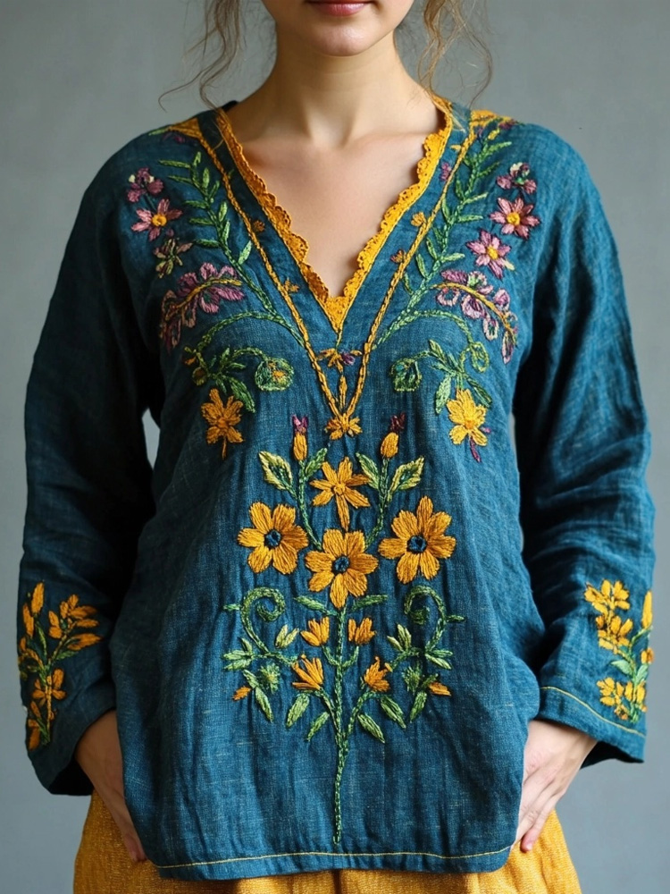 Vintage Floral Embroidered V Neck Linen Blend Tunic