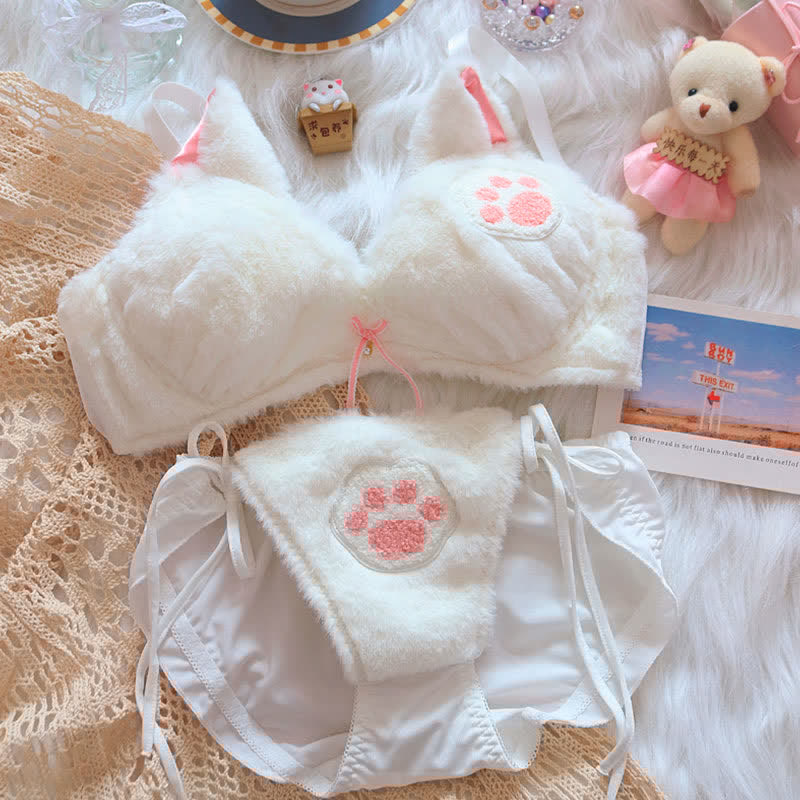 Kawaii Cat Claw Embroidery Plush Lingerie Set