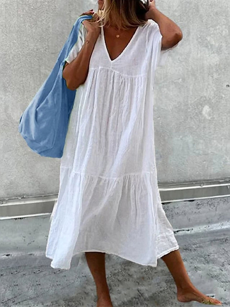 Solid Color V Neck Short Sleeve Midi Dress