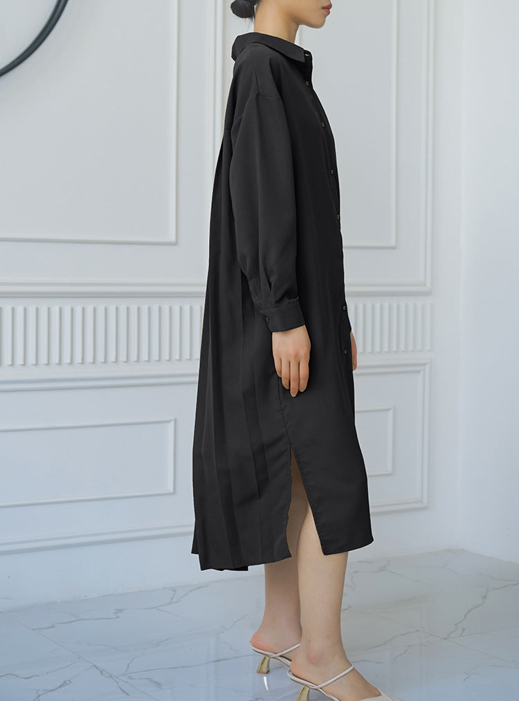 Spring Autumn Loose Overknee Dress Women Casual Large Version Back Pleated Long Shirt Dress