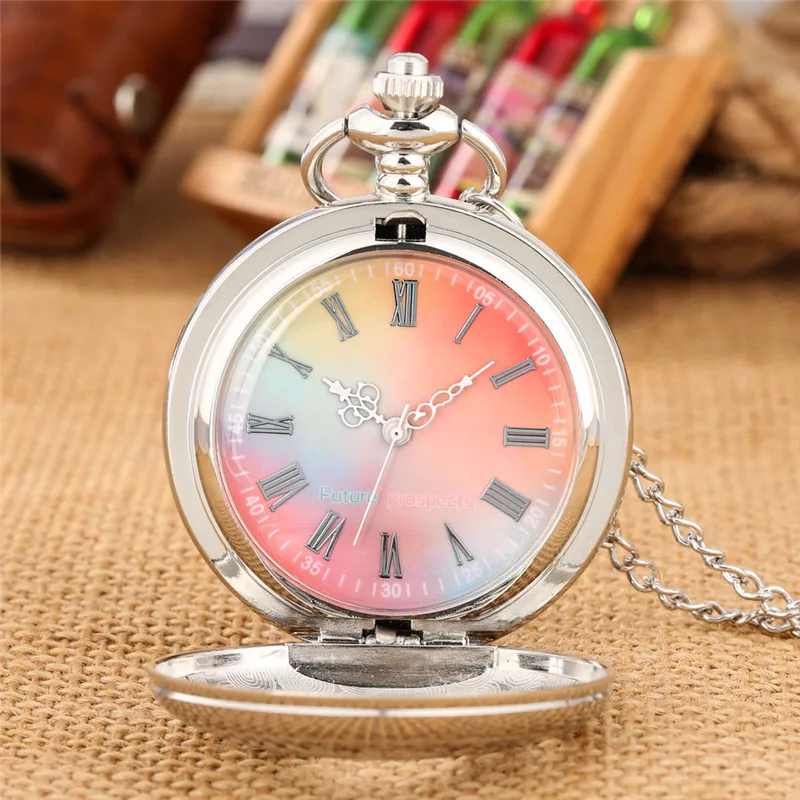 Silver Hollow Out Flower Case Roman Number Quartz Pocket Watch for Women Lady Colorful Dial Pendant Necklace Chain reloj