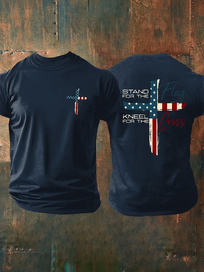 🔥Hot Sale Picks 🔥Men's Stand For The Flag Kneel For The Cross Printed Casual T-Shirt