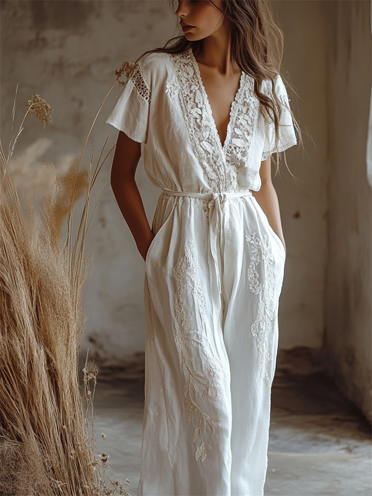 Boho Floral Embroidered Lace Flowy Wide Leg Jumpsuit