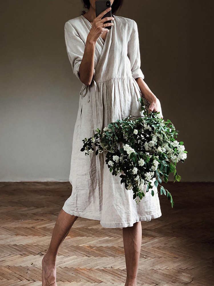 Casual V Neck Solid Tie Wrap Midi Dress