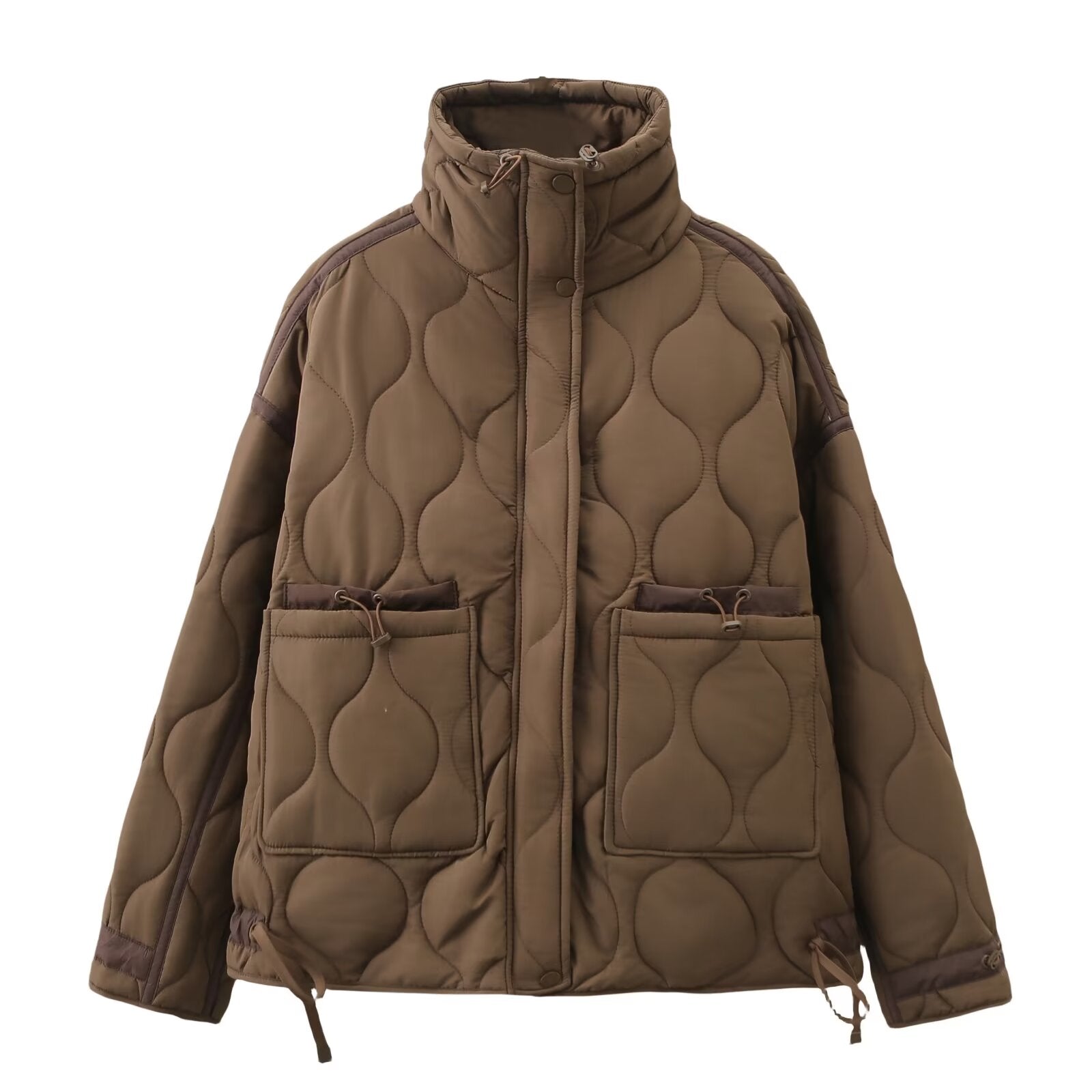 Casual Loose Diamond Lattice Stand Collar Long Sleeve Cotton Jacket Short Coat
