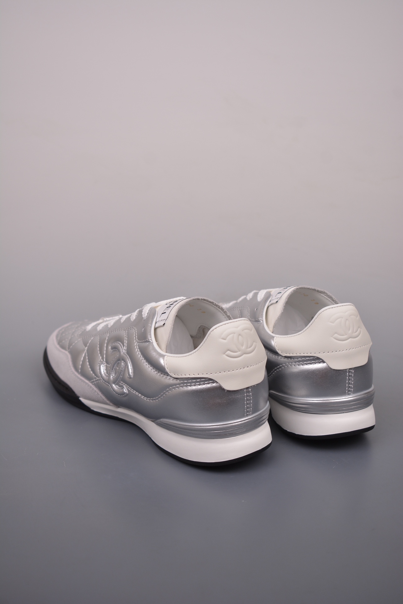 Chanel A23 CC Quilted Trainers Sneaker Silver