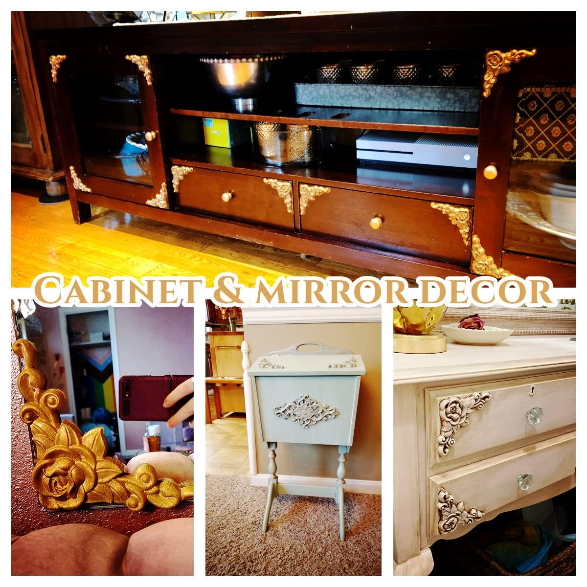 4 Pcs/Set Wood Carved Onlay Appliques, Unpainted Wooden Corner Carving Decals