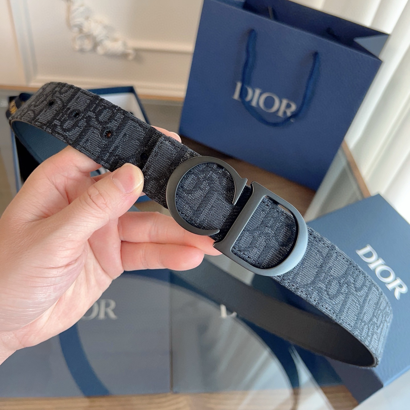 Dior Oblique black cloth and black cowhide belt width 3.5cm