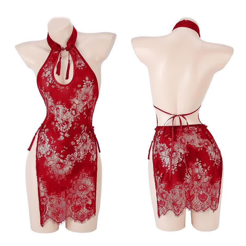 Hollow Lace See Through Split Cheongsam Dress Lingerie