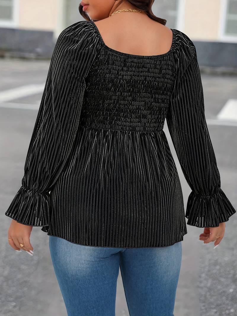 Plus Size Women Square Collar Flare Sleeve T Shirt Autumn Winter Elegant Waist Slimming Velvet Top