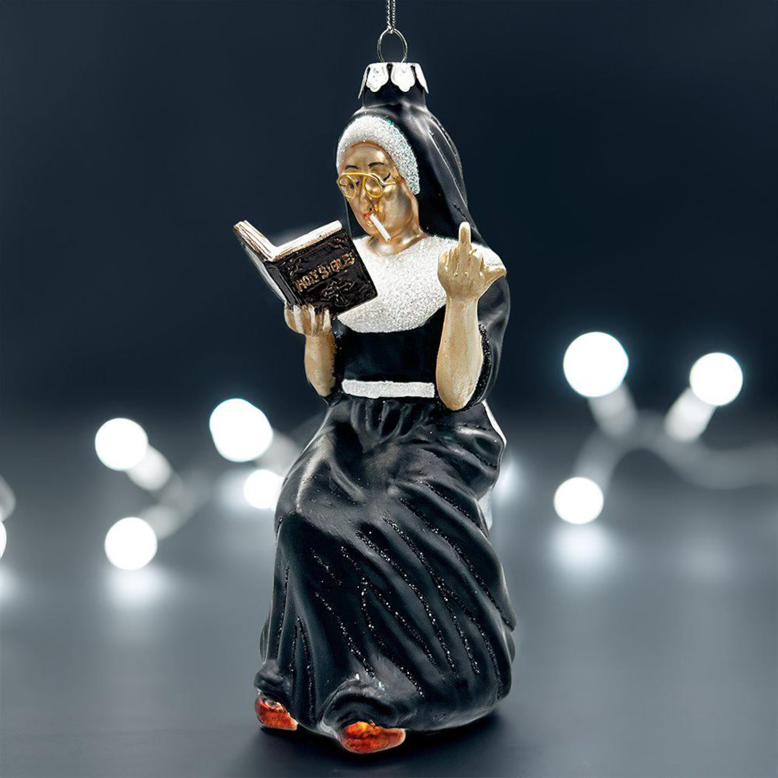 Eccentric Gothic Smoking Nun Glass Ornament