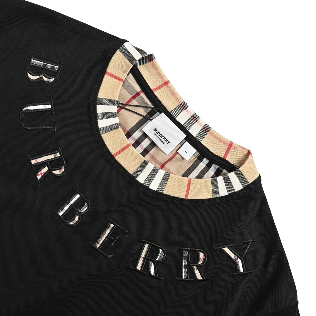 Burberry 24ss plaid collar stitching embroidered letter short sleeves