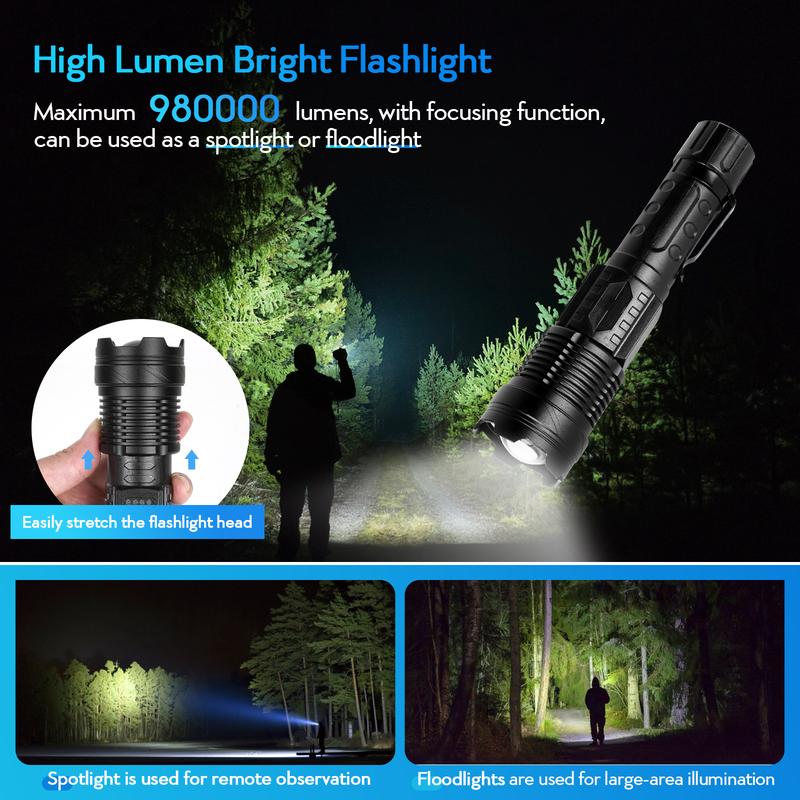 Strong Light Flashlight USB Rechargeable with Emergency White Light and Red & Blue Alarm Lights Waterproof Design